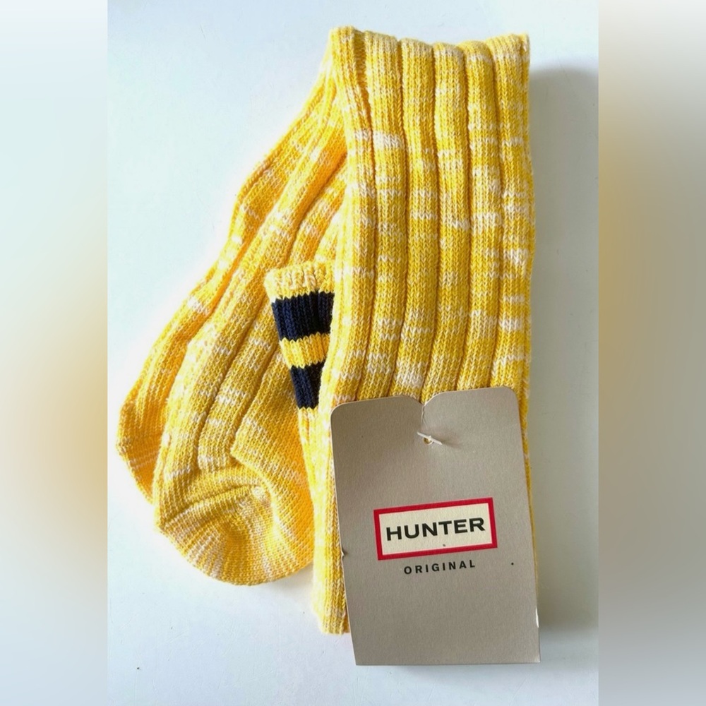 HUNTER Boot Socks L XL MOULINE COLLAGE Knit Cotton Sock Yellow Navy Stripe NWT